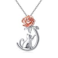 wholesale 925 Sterling Silver Rose And Cat Pendant Necklace-rose cat
