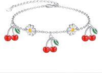 wholesale 925 Sterling Silver Cherry Daisy Charm Anklet for Women Girls Beach Foot Chain  6-8 Adjustable Length-Cherry