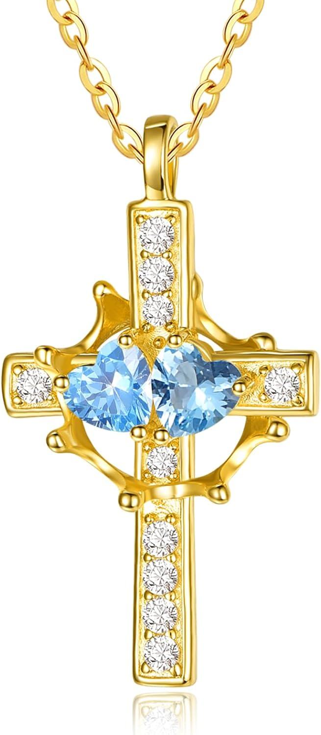 Sterling Silver Birthstones Gold Cross Necklace for Women -03-12-Mar-Dec-03-12-Mar-Dec
