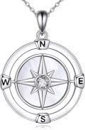 wholesale 925 Sterling Silver Round Rotatable Compass Pendant Necklace with Mother of Pearl and Cubic Zirconia for Women's Gift-0-0