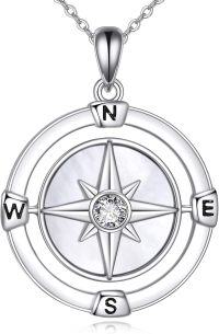 wholesale 925 Sterling Silver Round Rotatable Compass Pendant Necklace with Mother of Pearl and Cubic Zirconia for Women's Gift-Compass Necklace