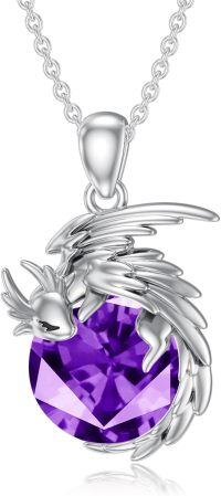 wholesale 925 Sterling Silver Birthstone Wyvern Dragon Pendant Necklace for Women-February(Amethyst)