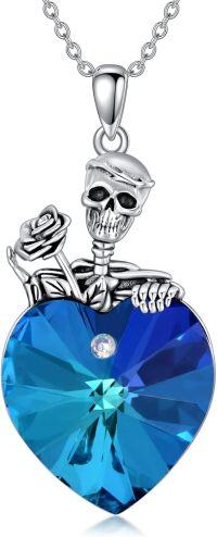 wholesale 925 Sterling Silver 925 Blue Crystal Skull & Rose Gothic Heart Pendant Necklace for Women-D-Skull crystal
