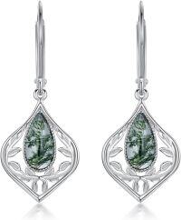 wholesale 925 Sterling Silver Green Moss Agate Leaf Design Drop Dangle Earrings for Women-Teardrop Earrings-with 10*5mm Teardrop Moss Agate