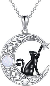 wholesale 925 Sterling Silver Opal Black Cat Crescent Moon Star Pendant Necklace for Women-Black Cat White Opal