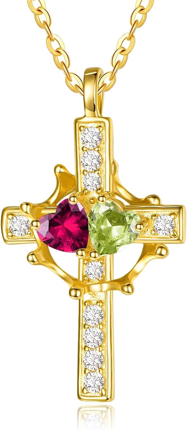 Sterling Silver Birthstones Gold Cross Necklace for Women -07-08-Jul-Aug-07-08-Jul-Aug