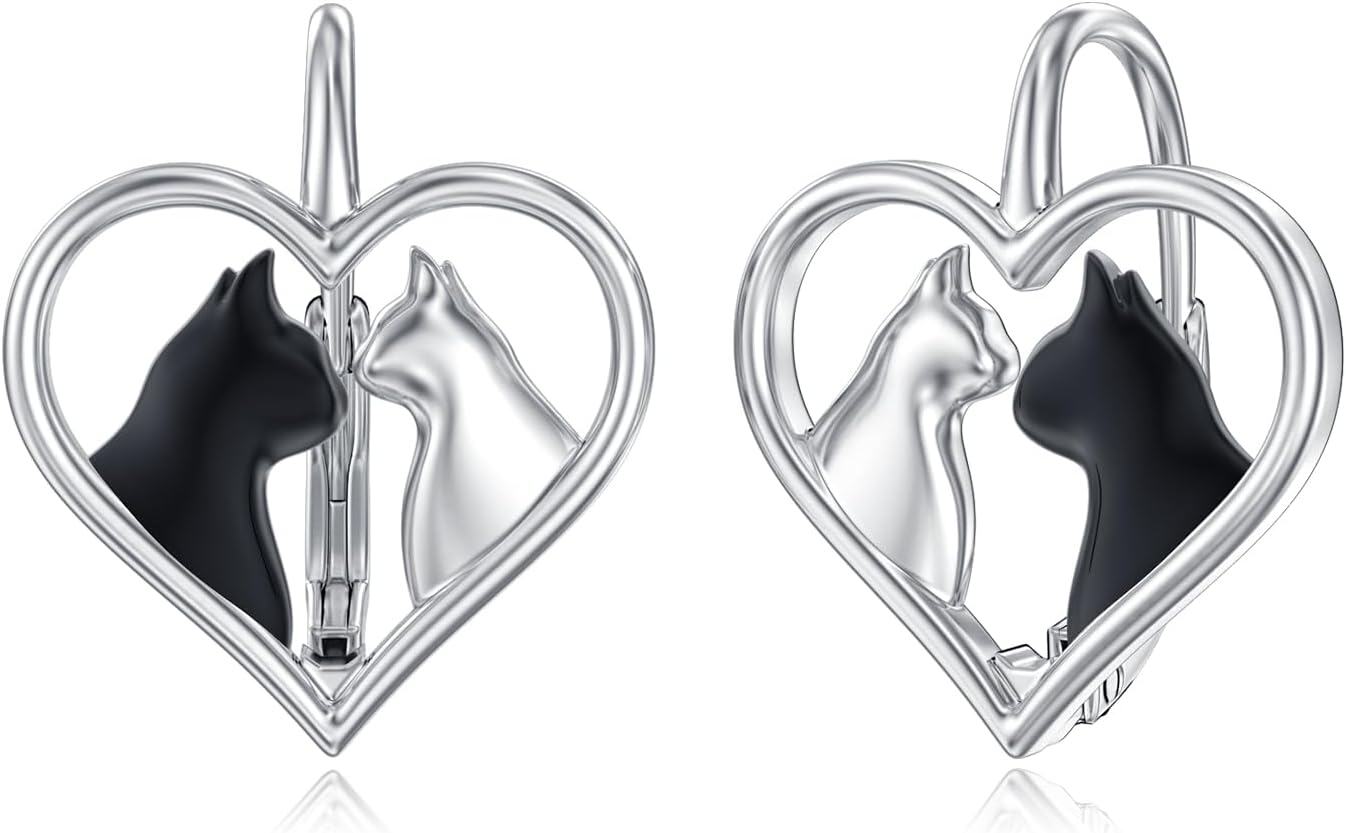 Sterling Silver Snowflake Daisies Sunflower Comedy Tragedy Mask Opera Mask Hummingbird Black Cat Dangle Earrings for Women-Black White Cats
