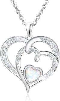 wholesale 925 Sterling Silver & White Opal with Cubic Zirconia Double Heart Pendant Necklaces for Women-Silver Heart