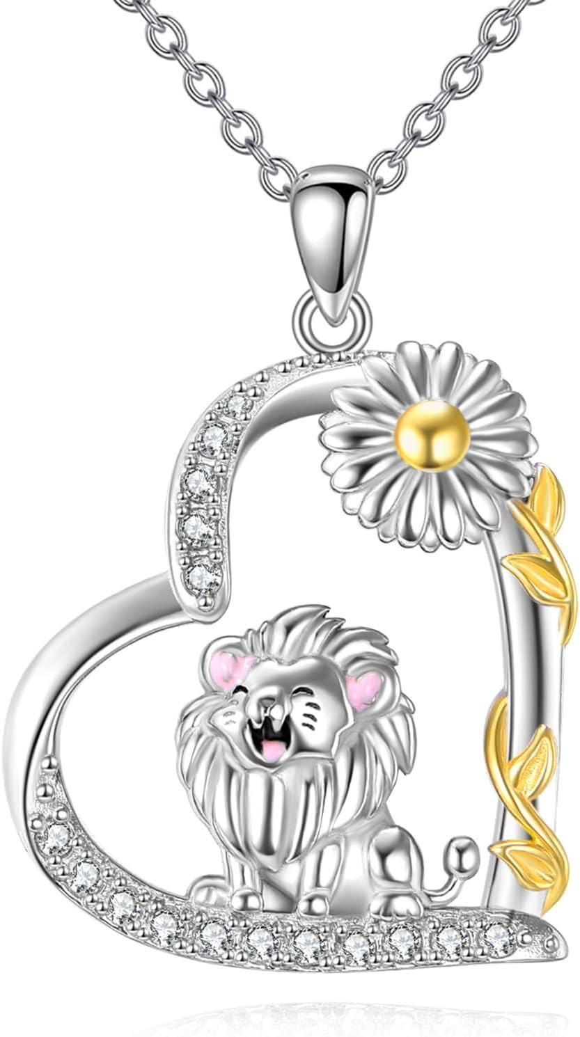 Sterling Silver Heart Necklace with Fox Axolotl Koala Giraffe Cow Guinea Pig Fairy Thistle Daisy Cat Duck Lion Pendant-N-Lion