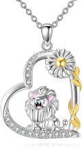 wholesale 925 Sterling Silver Heart Necklace w/ Gold Flower & Pink Lion Pendant-0-0