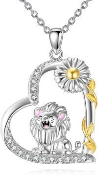 wholesale 925 Sterling Silver Heart Necklace w/ Gold Flower & Pink Lion Pendant-N-Lion