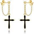 wholesale 14K Gold Black Enamel Cross Drop Earrings for Women-0-0