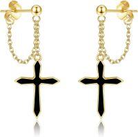 wholesale 14K Gold Black Enamel Cross Drop Earrings for Women-Cross Chain Dangle Earrings