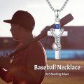 wholesale 925 Sterling Silver Baseball Sports Theme Cross Pendant Necklace  with I CAN DO ALL THINGS Inscription and Blue Crystal Accents-0-4