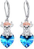 wholesale 925 Sterling Silver Blue Crystal Highland Cow Heart Drop Earrings-0-0