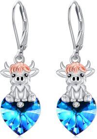 wholesale 925 Sterling Silver Blue Crystal Highland Cow Heart Drop Earrings-Highland Cow