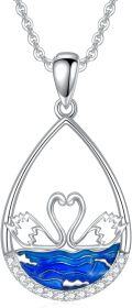 wholesale 925 Sterling Silver Blue Enamel Swans in Water Pendant Necklace with Cubic Zirconia Accents-0-0