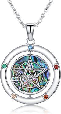 wholesale 925 Sterling Silver Pentagram with Abalone Shell and Gemstones Round Pendant Necklace for Women-Tetragrammaton-1