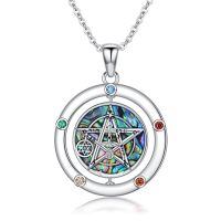 wholesale 925 Sterling Silver Pentagram with Abalone Shell and Gemstones Round Pendant Necklace for Women-Tetragrammaton-1