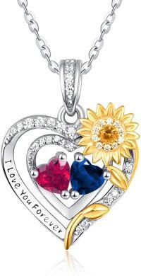 wholesale Sterling Silver 2 Birthstones Sunflower Heart Necklace for Women-07-09-Jul-Sept