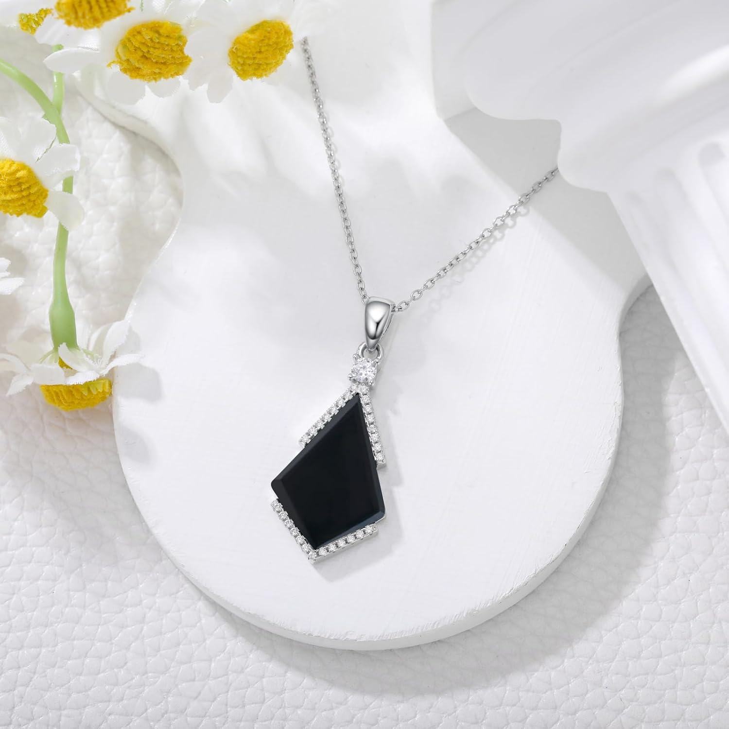 925 Sterling Silver Diamond Accent Triangle Shape Black Onyx Pendant Necklace 45cm Chain Length-0-4