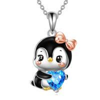 wholesale 925 Sterling Silver Adorable Penguin Pendant With Blue Heart Crystal Necklace Gift-D-Penguin