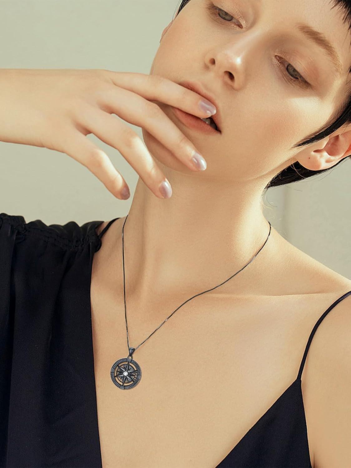Sterling Silver Stone Compass Necklace for Men Women Travel Talisman Pendant Unique Inspirational Gift for Birthday Christmas Graduation-0-5