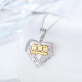 wholesale 925 Sterling Silver Angel Number 222 Heart Wings Pendant with Cubic Zirconia and Gold Plating on White Enamel - 18+2mm Link Chain-0-1