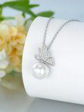 wholesale 925 Sterling Silver White Freshwater Pearl Butterfly Pendant Necklace with Cubic Zirconia Accents-0-1