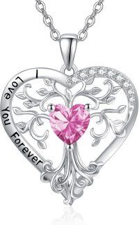 wholesale Sterling Silver Birthstone Tree of Life Heart Pendant Necklace for Women-10 Oct - Tourmaline
