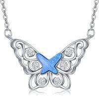 wholesale 925 Sterling Silver Opal Butterfly Necklace for Women Dainty Charm Jewelry Blue Glitter Pendant Necklace-Style-2