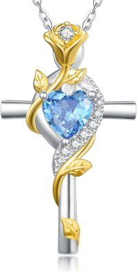 wholesale Sterling Silver Rose Cross Pendant Necklace for Women-Gold-3-Aquamarine-Gold-3-Aquamarine