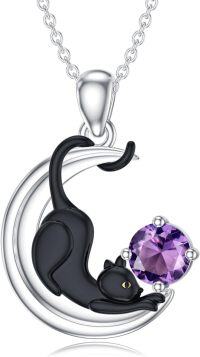 wholesale  Metal Stone Black Cat Moon Pendant Necklace Jewelry Gift for Women ( chars)-February