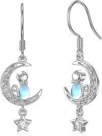 wholesale 925 Sterling Silver Cat in the Moon with Star Charm Dangle Earrings-42-Moon Cat Moonstone Earrings
