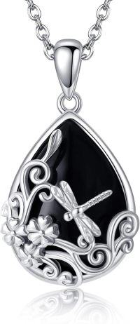wholesale 925 Sterling Silver Dragonfly & Flowers on Teardrop Shape Black Onyx Pendant Necklace Gift for Women-Dragonfly