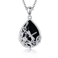 wholesale 925 Sterling Silver Platinum Plated Dragonfly Black Onyx Teardrop Pendant Necklace-Dragonfly