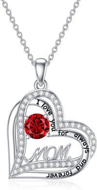 wholesale 925 Sterling Silver & Birthstone Mom Heart Pendant Necklace - I Love You Always Forever Engraved Gift for Mother Wife Grandma-01 Jan.- Garnet