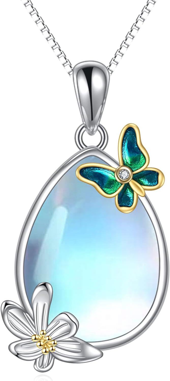 Sterling Silver Daisy Flower Butterfly Teardrop Pendant Necklace Jewelry Gift-Moonstone butterfly necklace
