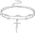 wholesale 925 Sterling Silver Metal Freshwater Pearl Faith Cross Bracelet for Women - Dainty Double Chain Christian-0-0