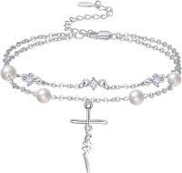 wholesale 925 Sterling Silver Metal Freshwater Pearl Faith Cross Bracelet for Women - Dainty Double Chain Christian-Faith Cross