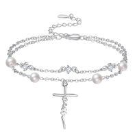 wholesale 925 Sterling Silver Metal Freshwater Pearl Faith Cross Bracelet for Women - Dainty Double Chain Christian-Faith Cross