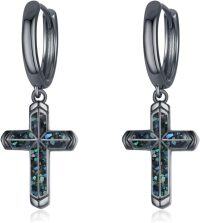wholesale Black 925 Sterling Silver Cross Huggie Hoop Dangle Earrings with Abalone Shell Inlay-Black Cross(Abalone Shell Gravels)