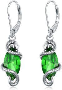 wholesale Sterling Silver Crystal Vintage Snake Dangle Drop Leverback Earrings for Women-Emerald Green