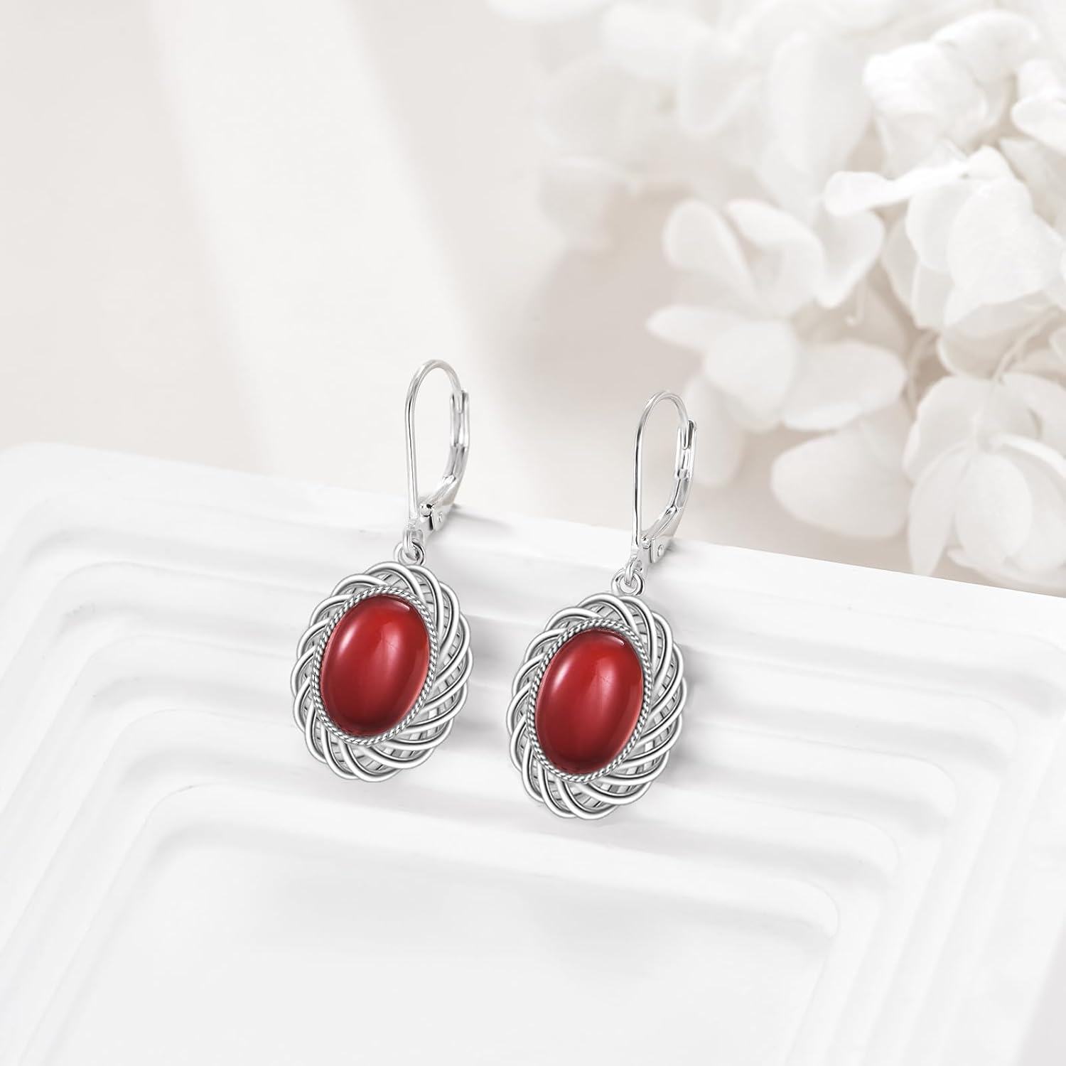 925 Sterling Silver Red Coral Filigree Drop Earrings-0-1