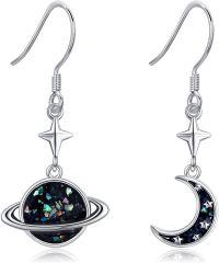 wholesale 925 Sterling Silver Starry Galaxy Planet & Crescent Moon Drop Earrings-Saturn