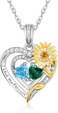 wholesale Sterling Silver 2 Birthstones Sunflower Heart Necklace for Women-03-05-Mar-May