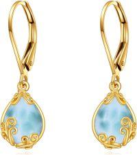 wholesale 14K Gold Teardrop Larimar Leverback Earrings for Women's Fashion s-Larimar Filigree