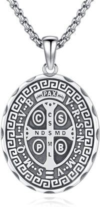 wholesale Sterling Silver Archangel Medals St Pendant Necklace for Men Women-10-St Benedict rune(oval silver)