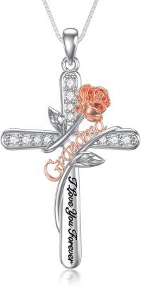 wholesale 925 Sterling Silver Rose Flower Love Cross Pendant Necklace for Grandma/Mom/Nana/Daughter Gifts-Non-personalized Grandma