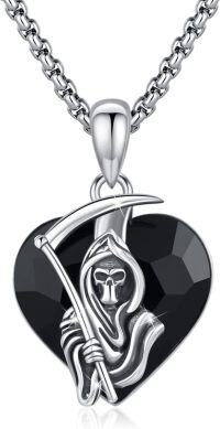 wholesale 925 Sterling Silver Heart Grim Reaper Pendant Necklace with Black Crystal Stone Gothic Jewelry for Men-A-Crystal Santa Muerte